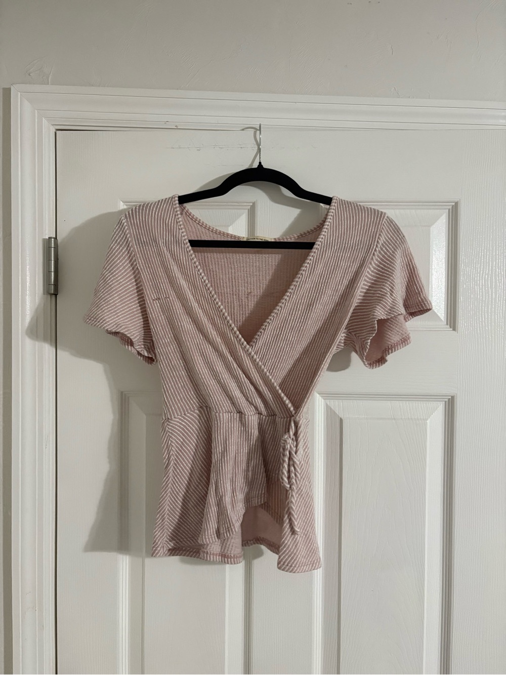 Caution To The Wind Dusty Blush Ribbed Wrap Peplum Top